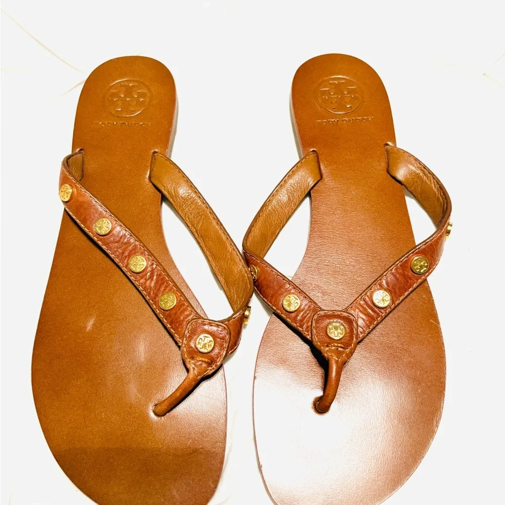 Tory Burch Leather Logo Thong Sandals with Gold Stud Accents